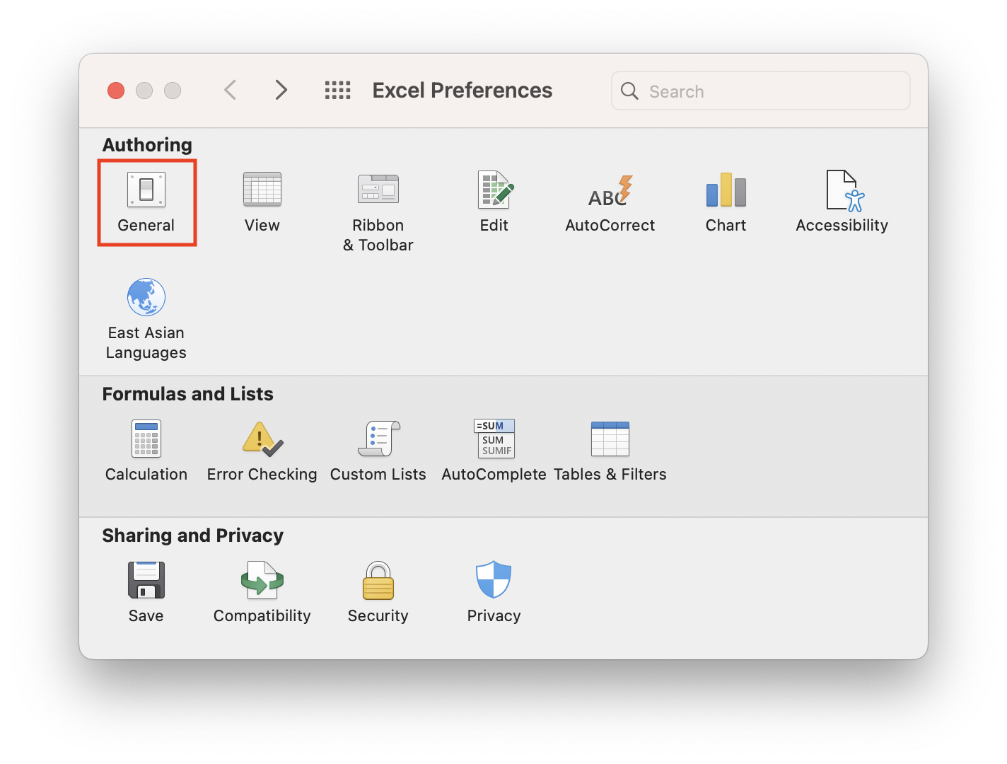 General Excel Preferences on Mac
